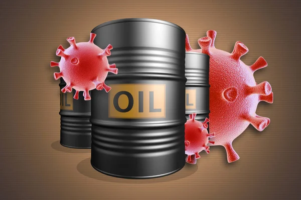 Covid 19による油価格の下落 コロナウイルスの細胞を持つ3つのオイルバレル 3Dレンダリング — ストック写真