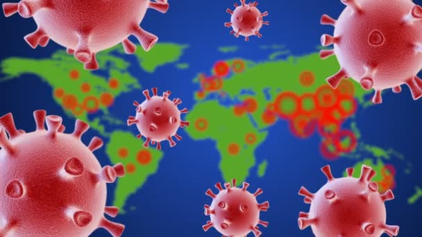 Coronavirus Világtérkép Kiolvasztott Vírussejtekkel — Stock videók