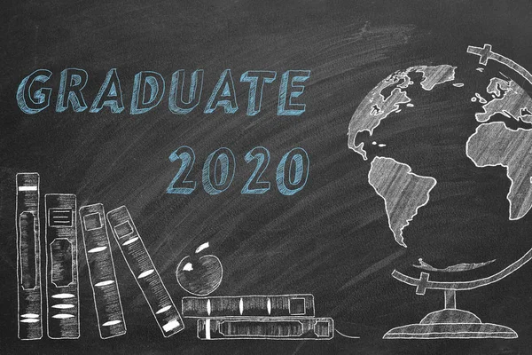 Lettering Graduate 2020 Globe School Books Drawn Chalk Blackboard — Stock Photo, Image