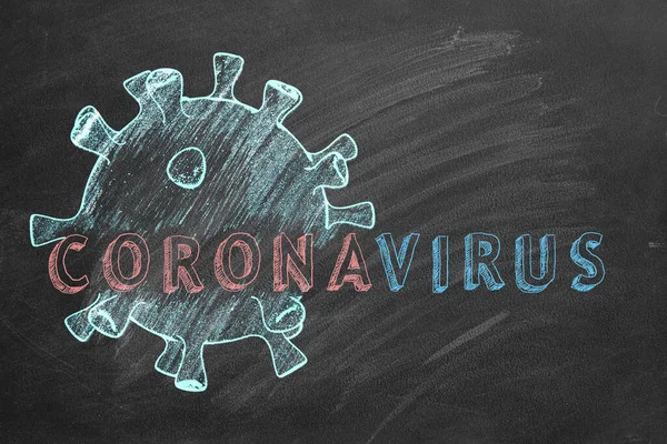 Testo Coronavirus Celle Coronavirus Sono Disegnati Con Gesso Una Lavagna — Foto Stock