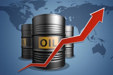 Dünya haritasında kırmızı oklu üç petrol varili..