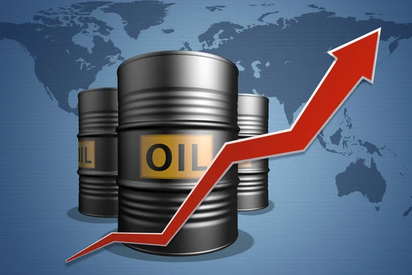 Три Барреля Нефти Красной Стрелкой Фоне Карты Мира — стоковое фото