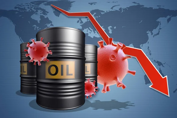 Collapse Market Stock Exchange Due Covid Coronavirus Collage Oil Barrels — Stock Photo, Image