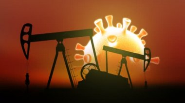 Güneş 'in arka planındaki yağ pompaları cronavirüs şeklinde. Covid-19 'un petrol ve doğalgaz piyasasına etkisi. 3d hazırlayıcı.