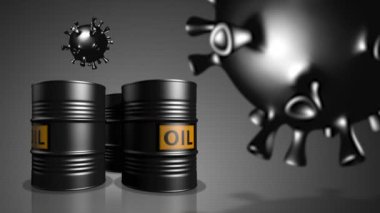 Coronavirüs hücreli üç varil petrol. Covid-19 'un petrol ve doğalgaz piyasasına etkisi. 3 Boyutlu Hazırlama.