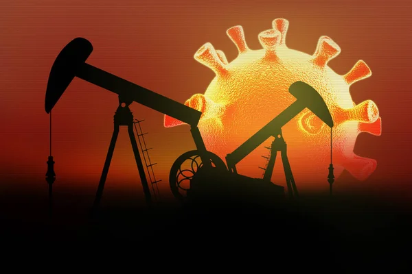 Olejová Čerpadla Pozadí Slunce Tvaru Kronaviru — Stock fotografie