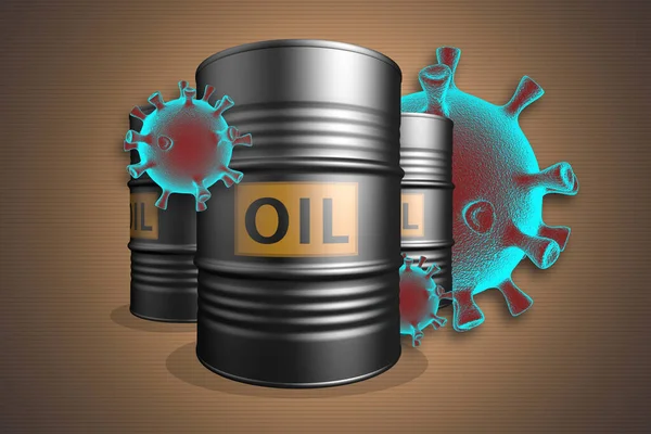油价下跌是因为Covid 三桶含考拉韦细胞的石油桶 3D渲染 — 图库照片