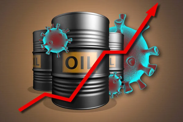 Three oil barrels with a red up arrow. Rising oil prices