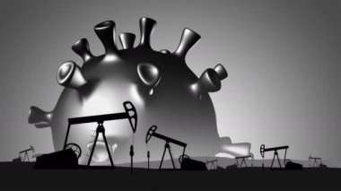 Güneş 'in arka planındaki yağ pompaları cronavirüs şeklinde. Covid-19 'un petrol ve doğalgaz piyasasına etkisi. 3d hazırlayıcı.