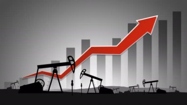 Çubuk grafiğinin arka planında yağ pompaları ve yukarı doğru ok. 