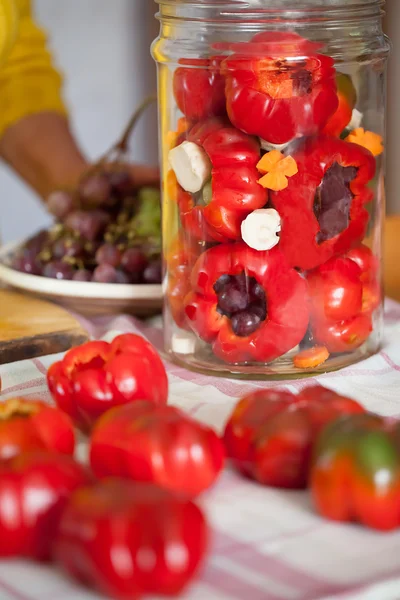 Preparing Pickled Grape Filled Peppers — Stock Photo, Image