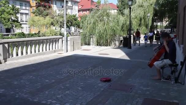 Artista de música en las calles de Liubliana — Vídeo de stock