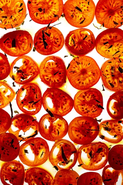 Cherry Tomato Slices Seasoned Herbs Olive Oil Shot — Stock Photo, Image