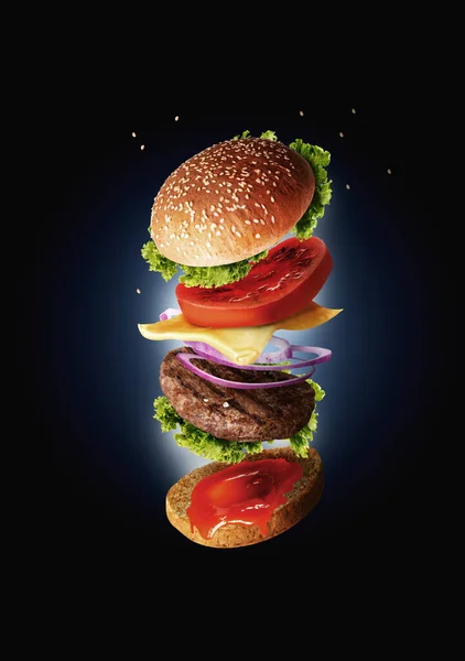 Hamburger Mit Fliegenden Zutaten Fast Food Konzept — Stockfoto
