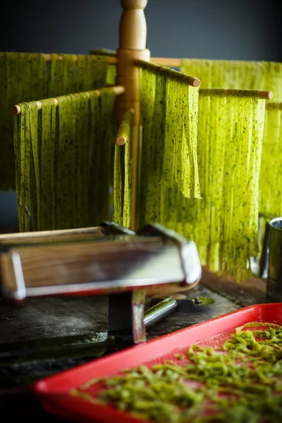 Hjemmelavede nudler grøn med grønne - Stock-foto