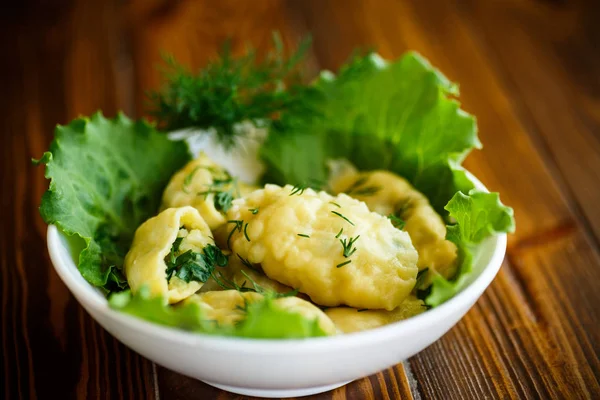 Dumplings gevuld met aardappelen met groene uien — Stockfoto