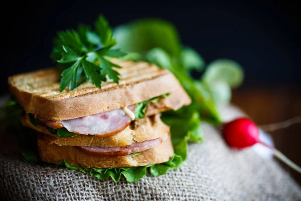 Fried hot sandwich with sausage and salad leaves — Stock Photo, Image