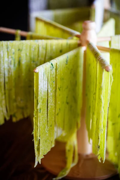 Homemade noodles green with greens — Stock Photo, Image