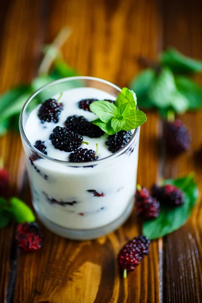 Sweet Greek yogurt with mulberry berries — Stock Photo, Image