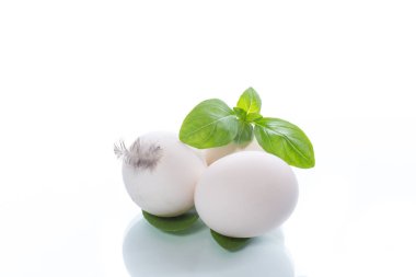 Üç tavuk yumurtası ince dal fesleğen ile