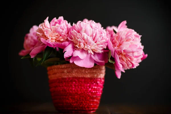 Bouquet di peonie rosa in un vaso di vimini — Foto Stock