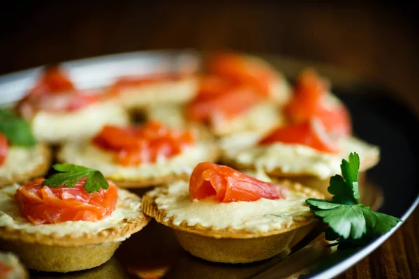 Tartlets with cheese filling and salted salmon meat — Stock Photo, Image