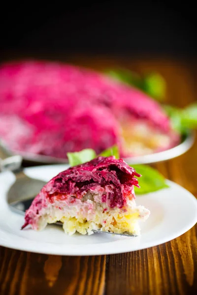 Layered pastry salad with herring and beetroot — Stock Photo, Image