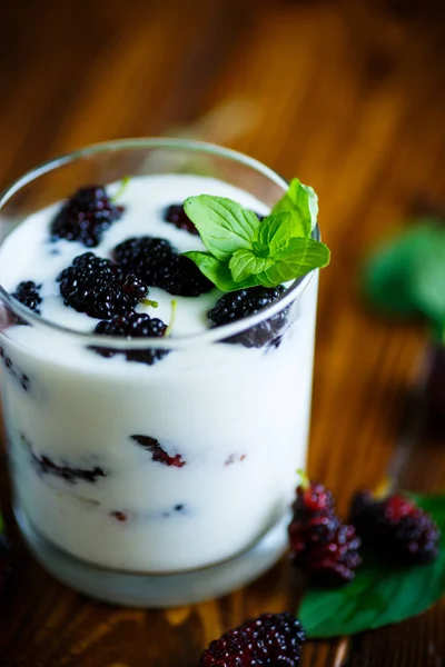 Сладкий греческий йогурт с тутовыми ягодами — стоковое фото