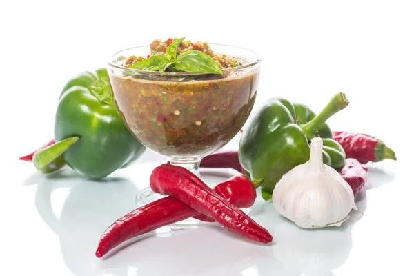 Acute sauce of adzhika from various types of pepper — Stock Photo, Image