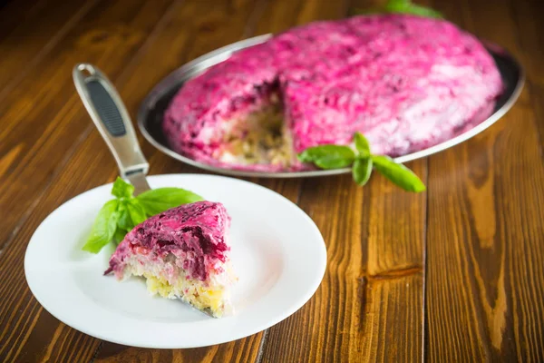 Katmanlı pasta ringa balığı ve kırmızı pancar salatası — Stok fotoğraf