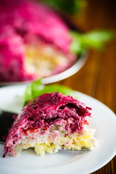 Layered pastry salad with herring and beetroot — Stock Photo, Image