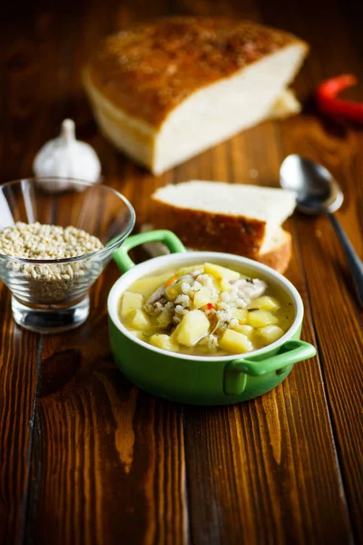 Sopa de pollo con cebada perlada en un tazón — Foto de Stock