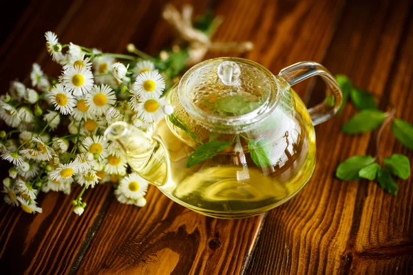 Glass teapot with chamomile tea — Stock Photo, Image