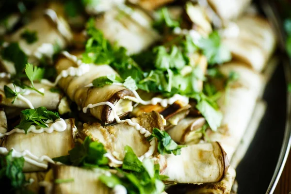 Rolls of eggplant with cheese filling — Stock Photo, Image