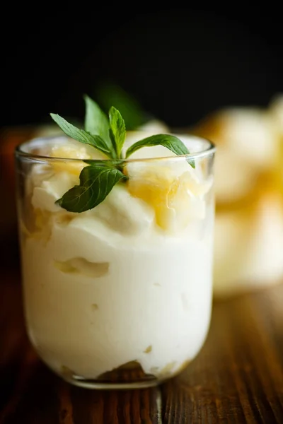Hemgjord yoghurt med skivor av mogen melon — Stockfoto