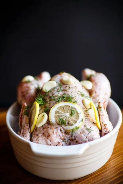 Frango cru marinado com especiarias — Fotografia de Stock