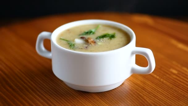 Delicious soup puree with wild mushrooms — Stock Video