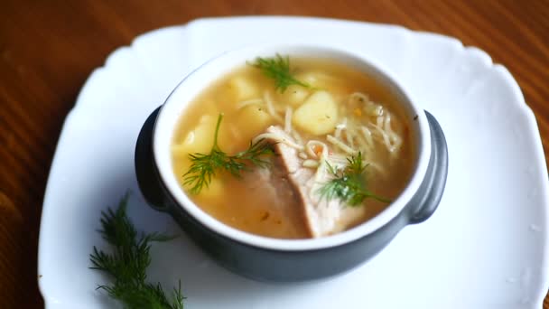 Soupe chaude avec nouilles maison dans un bol — Video