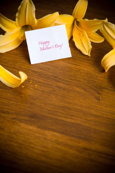 Summer blooming flowers of yellow lily on a wooden — Stock Photo, Image