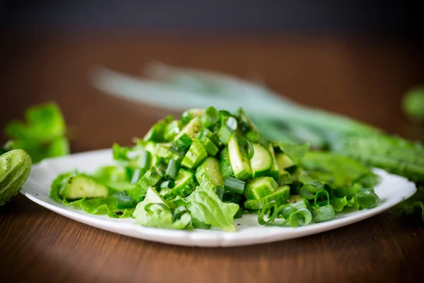 Friss saláta uborka és zöldek egy tányéron fából — Stock Fotó