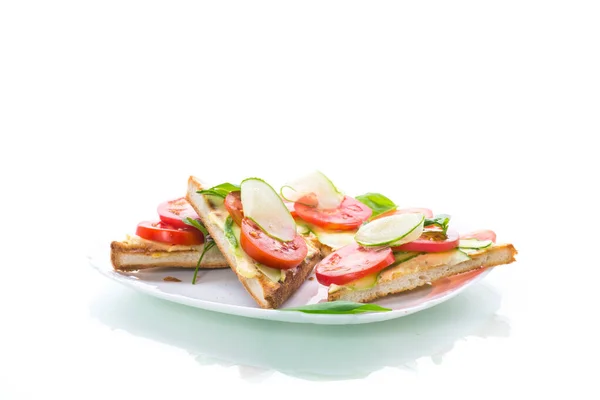 Tasty sandwich with curd paste, fresh cucumbers and tomatoes — Stock Photo, Image