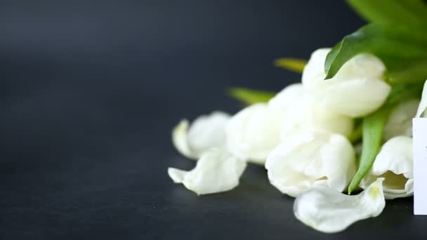 Schöner Strauß weißer Tulpen auf schwarzem Hintergrund — Stockvideo