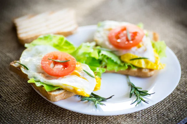 Fried Toasts Egg Salad Tomato Plate Wooden Table — Stock Photo, Image