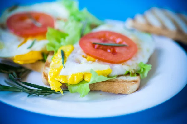 Gebratene Toasts Mit Salat Tomate Einem Teller Auf Blauem Hintergrund — Stockfoto