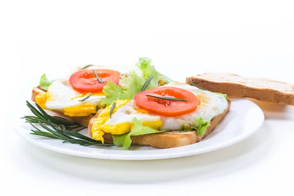 Fried Toasts Egg Lettuce Tomato Plate White Background — Stock Photo, Image