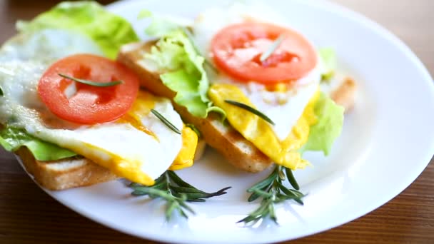 Tostadas fritas con huevo, ensalada, tomate en un plato — Vídeo de stock