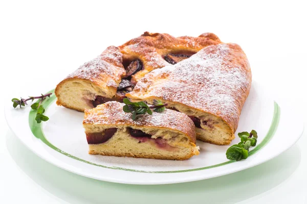 Sweet Baked Homemade Plum Cake Icing Sugar White Background — Stock Photo, Image