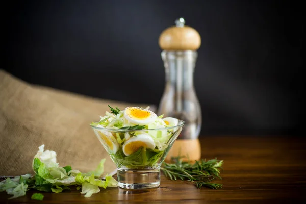 Friss Tavaszi Saláta Káposztával Salátával Főtt Tojással Rozmaringgal Fűszerekkel Fából — Stock Fotó