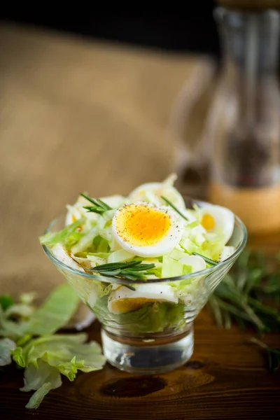 Fresh Spring Salad Cabbage Lettuce Boiled Eggs Rosemary Spices Wooden — Stock Photo, Image