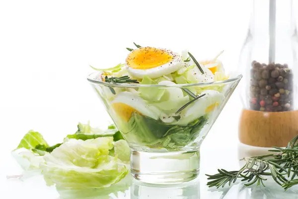 Fresh Spring Salad Cabbage Lettuce Boiled Eggs Rosemary Spices White — Stock Photo, Image